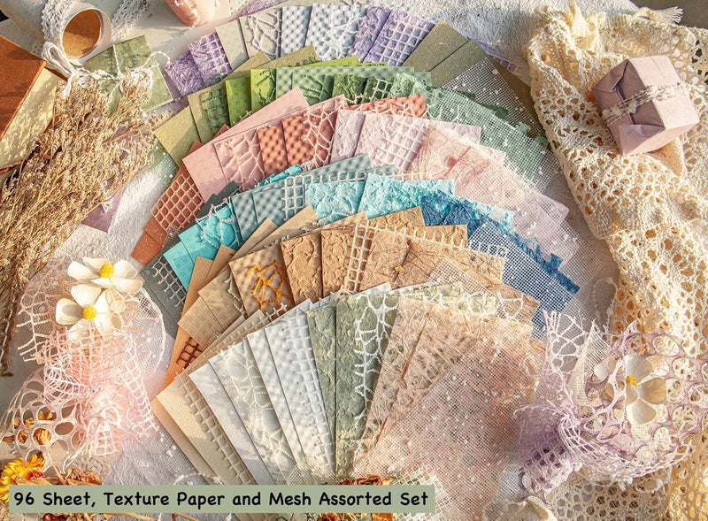 ARTSMONA 96 Sheets Textured Scrapbook Paper and Mesh Fabric Assorted Set - 6 Pack Mixed Special Paper for Scrapbooking Planner Bullet Junk Journal Supplies Mixed Media Collage Card Embellishments 3.9x5.5 Inch - Image 2